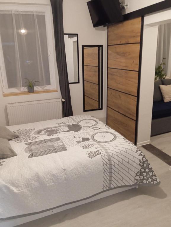a bedroom with a bed and a wooden dresser at Wenecja pokoje do wynajecia in Krynica Zdrój
