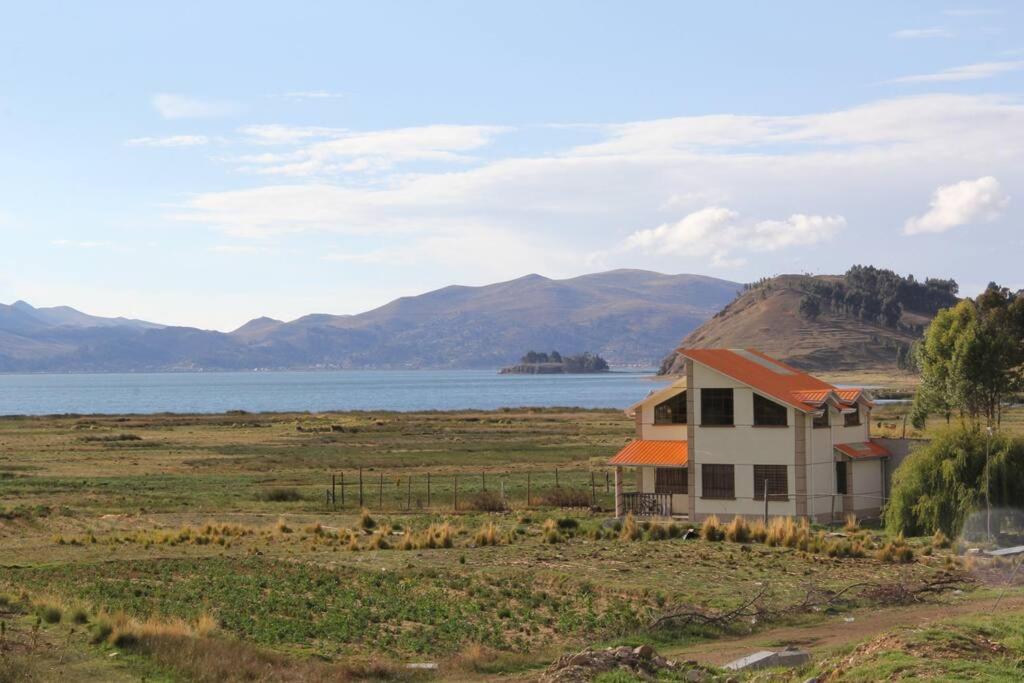 dom w środku pola obok wody w obiekcie Lago Sagrado Titicaca - Casa de Campo & Agroturismo 