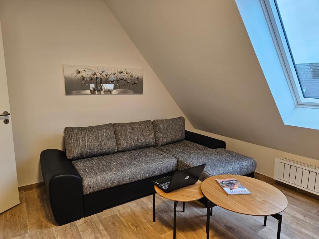 ein Wohnzimmer mit einem Sofa und einem Tisch in der Unterkunft 3 Zimmerwohnung am Neuer Teich in Wolfsburg