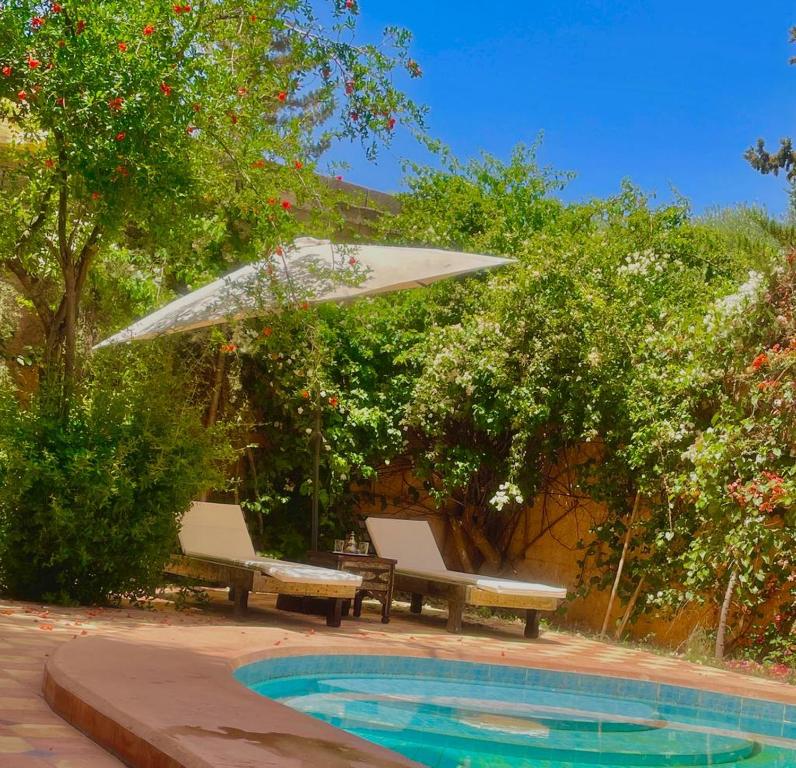 an umbrella and two chairs next to a pool at Villa Paradis in Marrakech