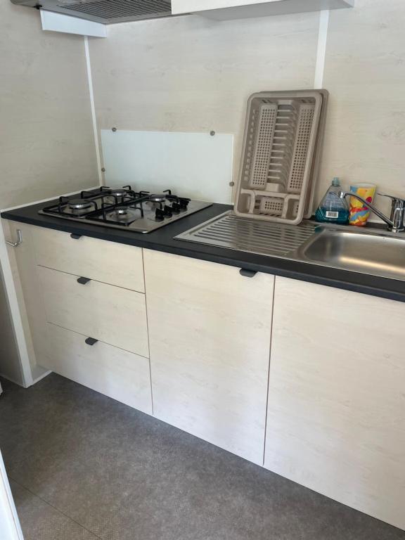 a kitchen with a stove and a sink at Au petit paradis in Camiers