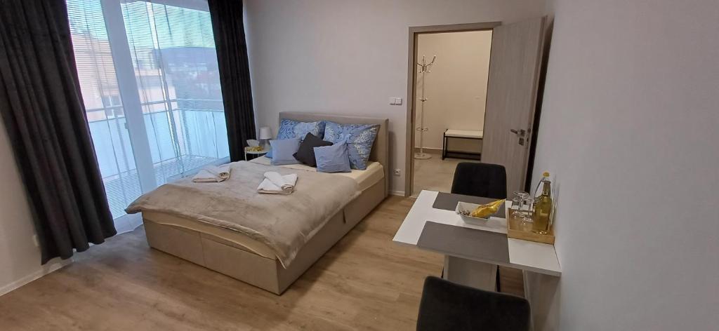 um quarto com uma cama e uma mesa com cadeiras em Lesia Apartments 3 em Brno