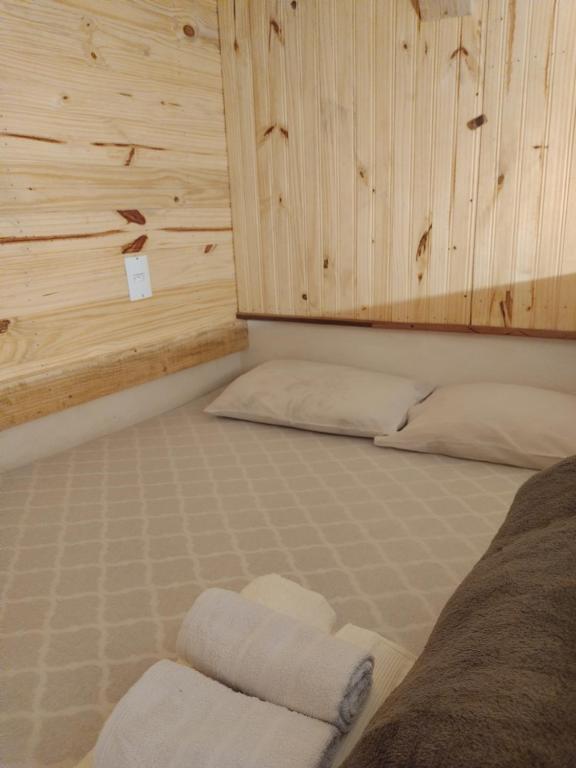 two beds in a room with wooden walls at Hospedaserra in Tiradentes