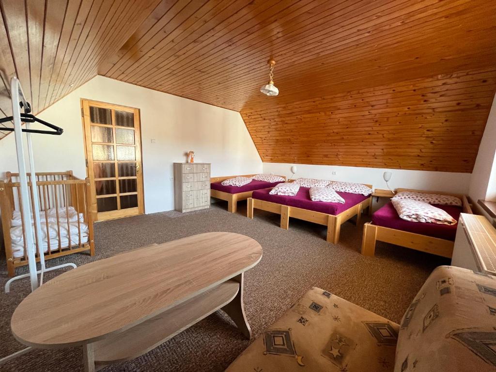 上貝奇瓦的住宿－Ubytování u hrádečku，客房设有四张床和木制天花板。