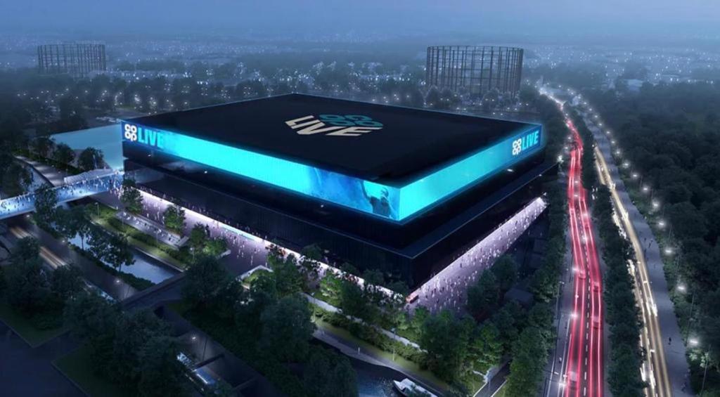 a rendering of a building with a sign on it at Manchester City football Stadium View in Manchester