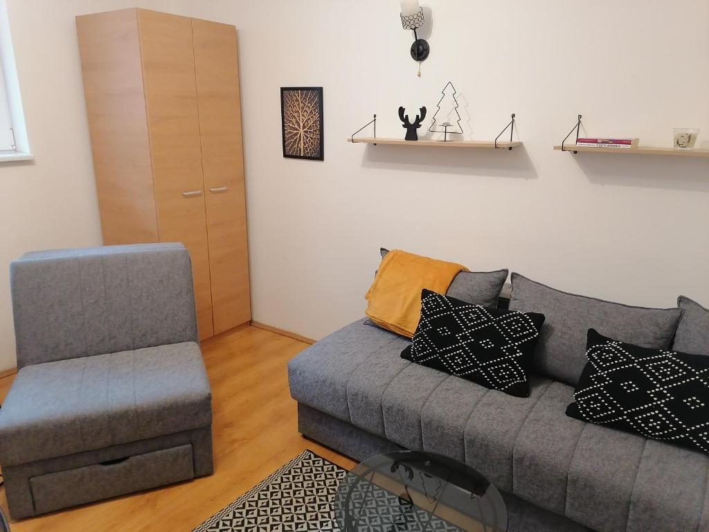a living room with a couch and a chair at Planinski Raj - Bela Reka Gondola in Brzeće