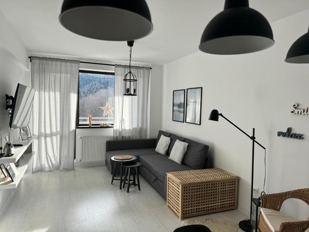 a living room with a couch and a table at HCT Sinaia Apartment in Sinaia