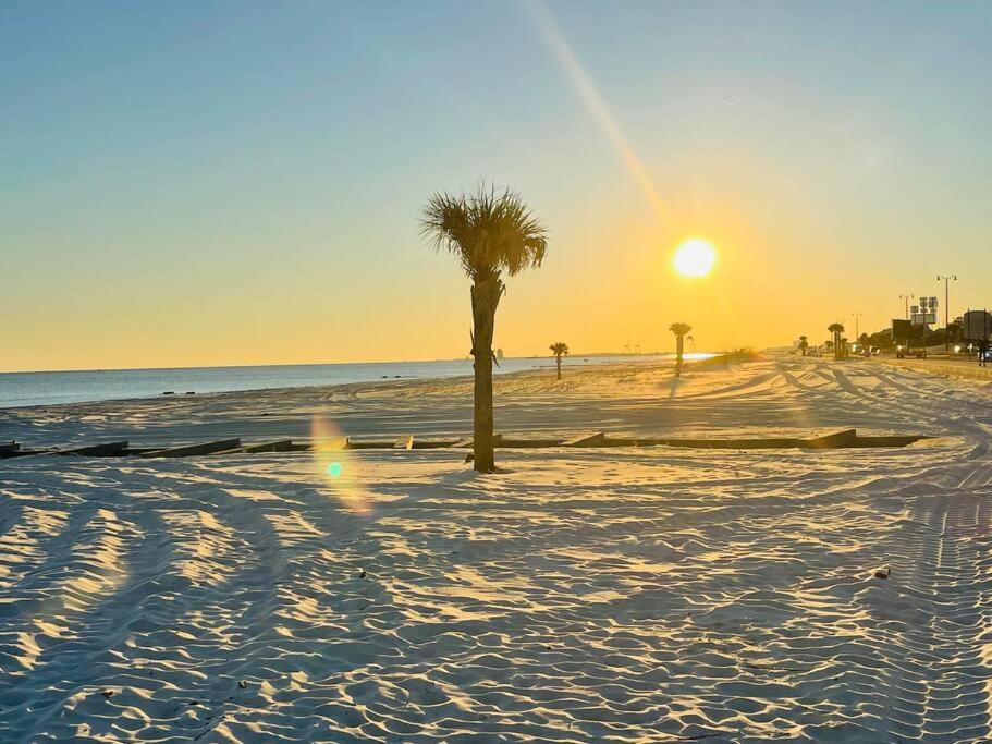 a palm tree on a beach with the sunset at Feels like HOME escape, 1/2 Mile to beach in Gulfport