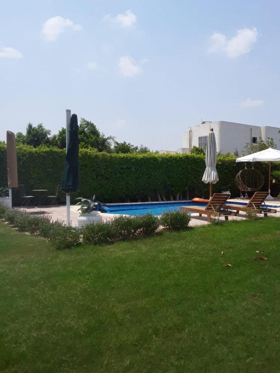 a swimming pool with umbrellas and chairs and a pool at الريف الأروبي in Qaryat ash Shamālī