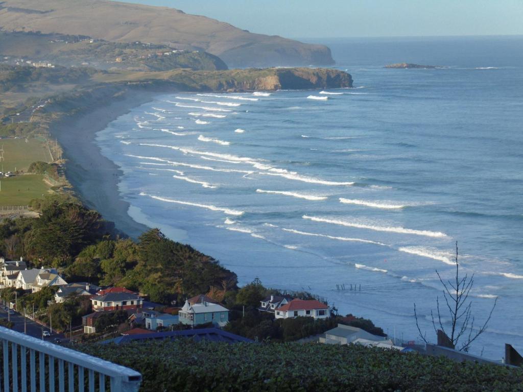 a view of a beach with houses and the ocean at Rosemount B&B by the Sea St Clair in Dunedin