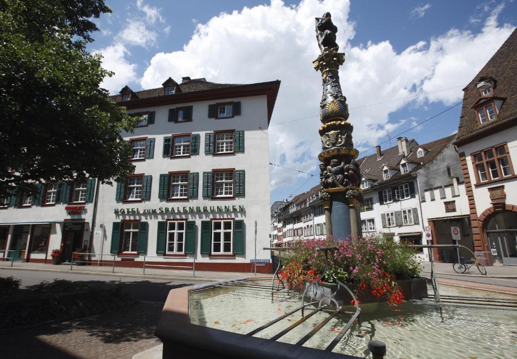 a fountain in the middle of a town with buildings at Spalenbrunnen Hotel & Restaurant Basel City Center in Basel