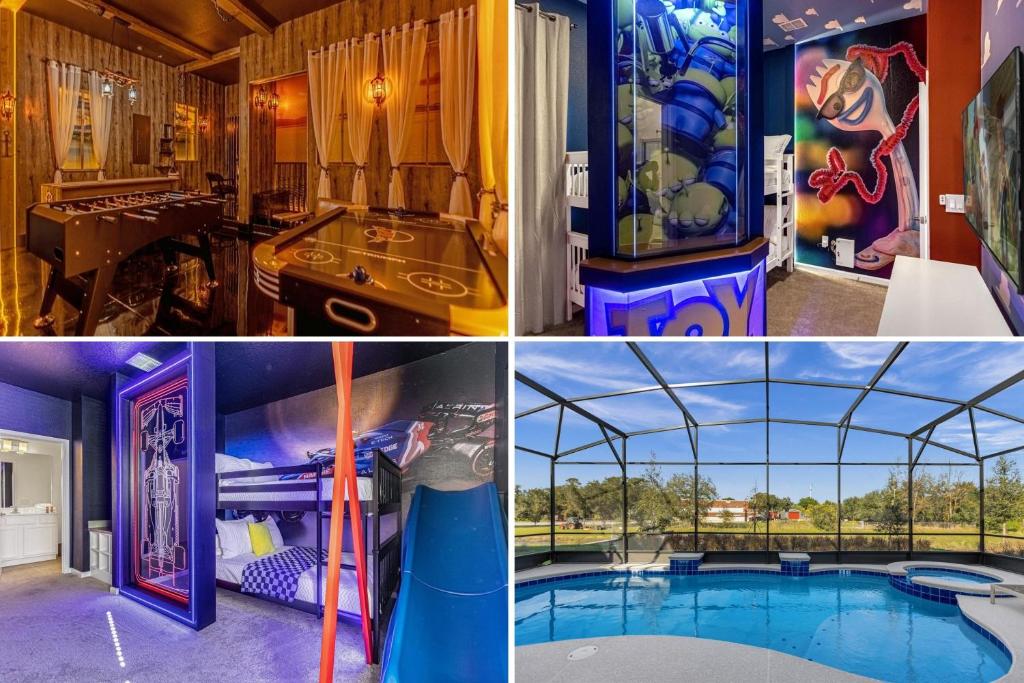 un collage de fotos con una piscina y una casa en 9 Berdoom- 9 Bathroom- Paradiso Grande 6157hs, en Orlando