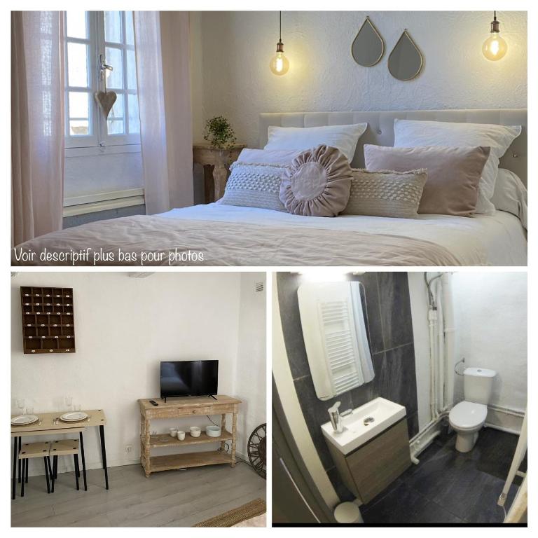 deux photos d'une chambre avec un lit et une salle de bain dans l'établissement L'Escapade Aixoise hyper centre historique studios free netfilx wifi romantics apartments historic center, à Aix-en-Provence