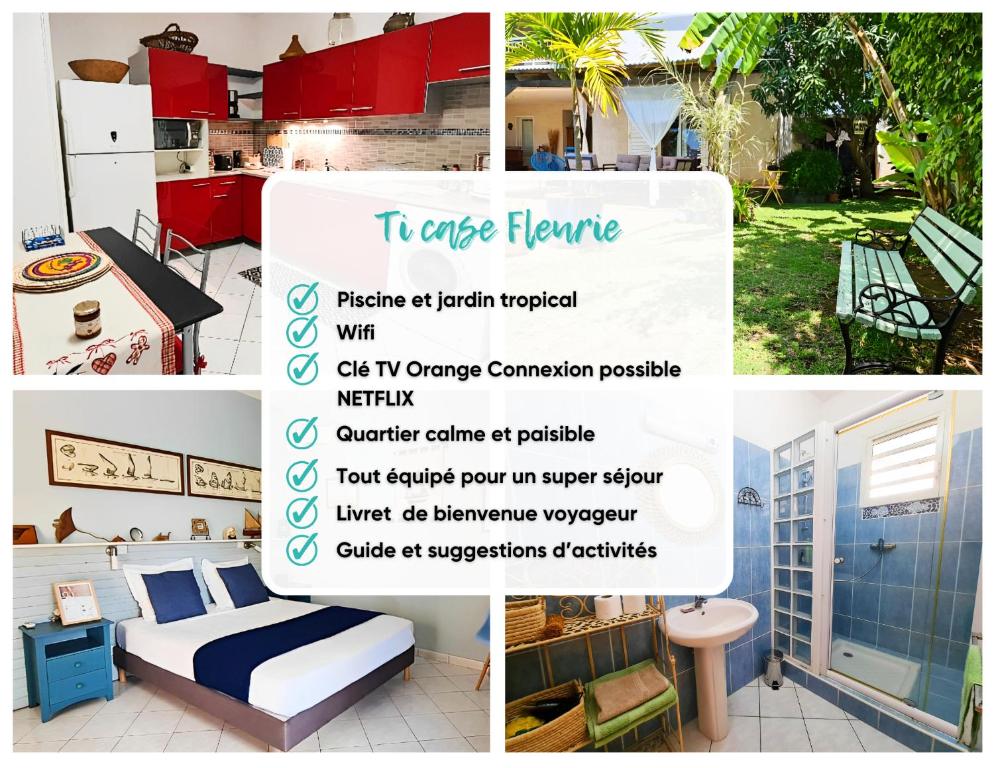 eine Collage mit Fotos eines Hauses mit einem Schild in der Unterkunft Ti case fleurie * Piscine * Jardin tropical in Saint-Leu