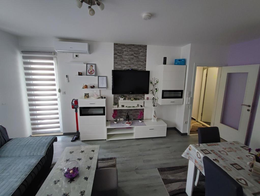 Stan na dan Apartman KRISFIL Prnjavor في Prnjavor: غرفة معيشة مع تلفزيون بشاشة مسطحة وأريكة