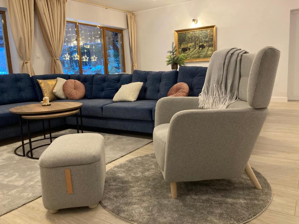 a living room with a blue couch and a chair at Apartament Sowia Enklawa in Ludwikowice Kłodzkie