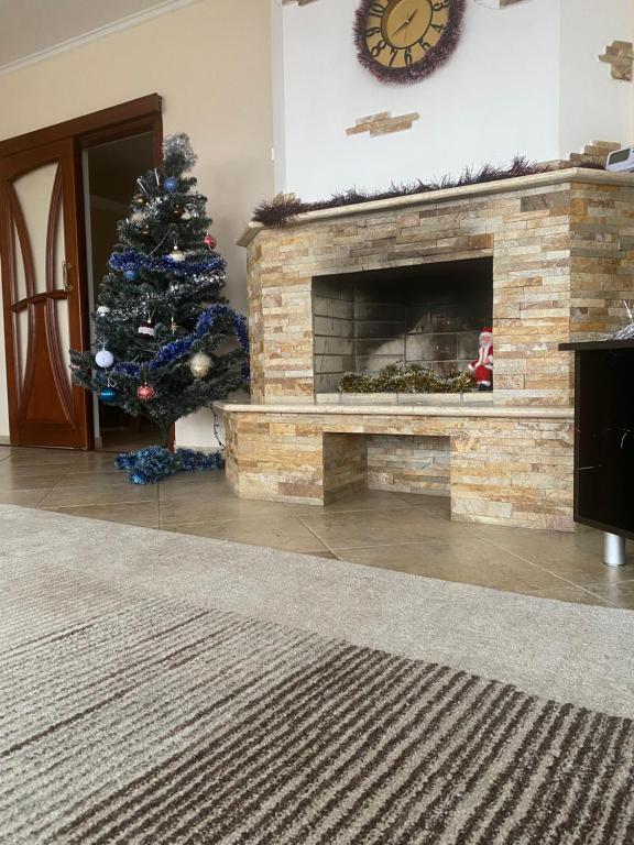 a christmas tree in a living room with a fireplace at Vila ,Квартира на земле с террасой in Chişinău