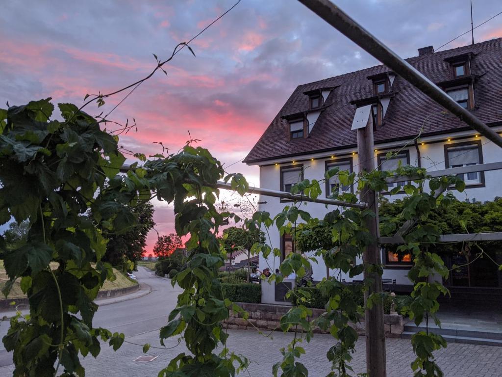 ein Haus auf einer Straße mit Sonnenuntergang im Hintergrund in der Unterkunft Brauereigasthof Adler in Oberstadion
