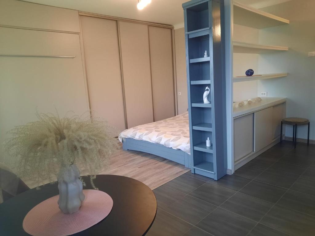 a room with a bed and a table and shelves at Studio Apartment in Rēzekne