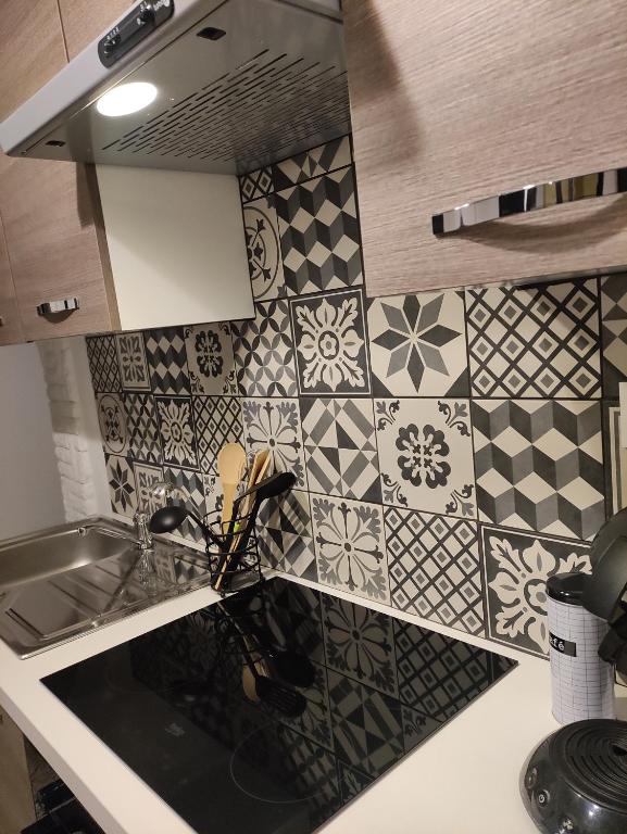 uma cozinha com lavatório e azulejos na parede em Bienvenue chez Coco em Dunkerque