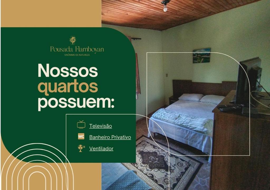 um poster de um quarto com uma cama e uma televisão em Pousada Flamboyan em Rio de Contas