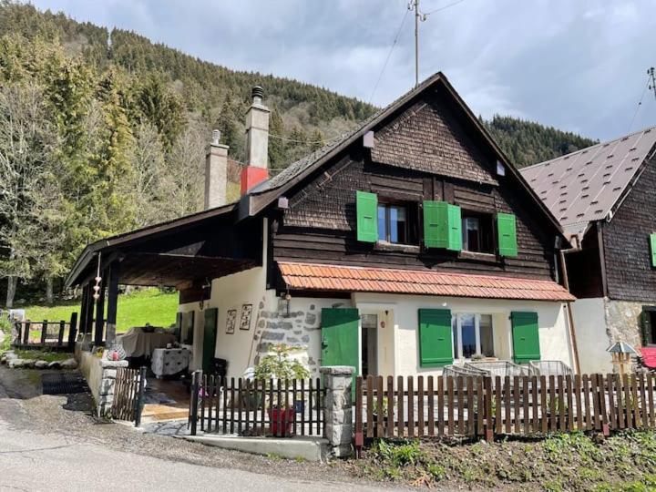 a house with green shutters and a fence at La grande garde in Les Avants