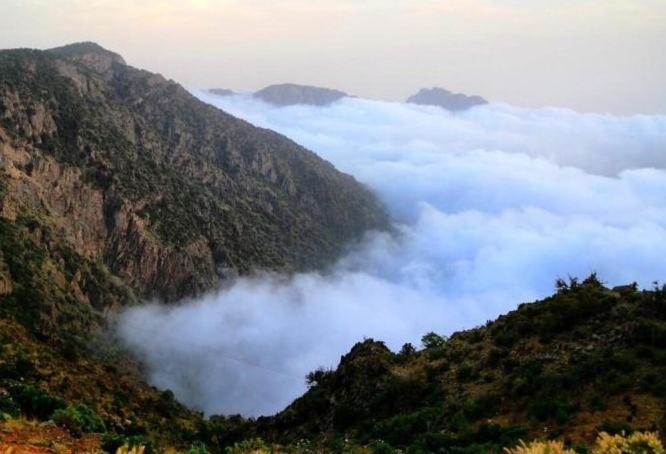 a view of a mountain with clouds in the valley at ديار البساتين المنسك للشقق الفندقية - Diyar Al Basateen Hotel Apartments in Abha