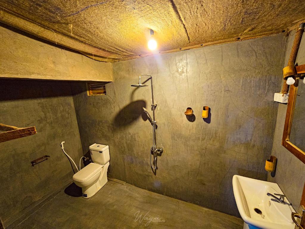 uma casa de banho com um chuveiro, um WC e um lavatório. em Wild Safari Clay House em Udawalawe