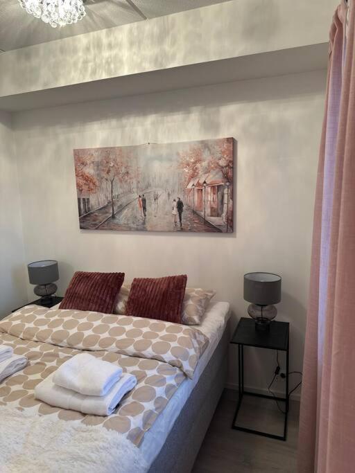 羅瓦涅米的住宿－Tyylikäs studio rauhallisella sijainnilla，卧室挂在墙上的画作