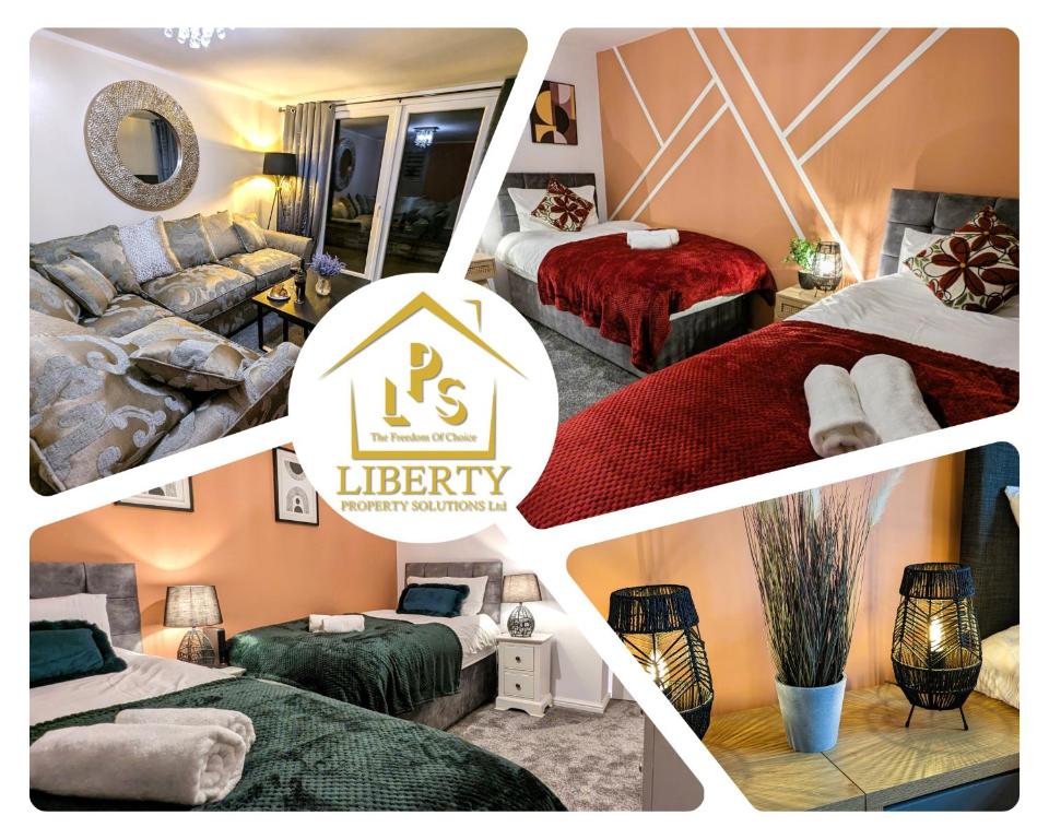 a collage of four pictures of a hotel room at 6 Guests * 4 Bedroom * Free Wi-Fi *Huntingdon in Huntingdon