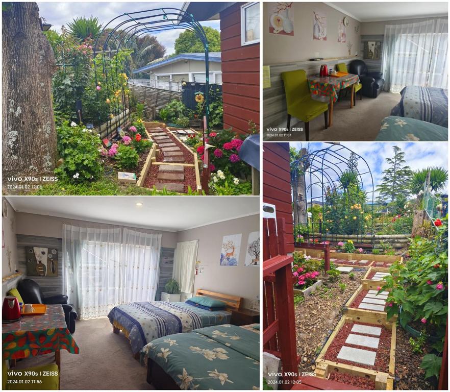 un collage de fotos de una casa con camas y jardín en Private Large double room, en Auckland