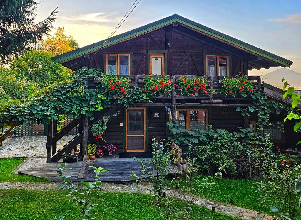 una casa con flores en la parte delantera en Cabana Bendis en Rîşnov