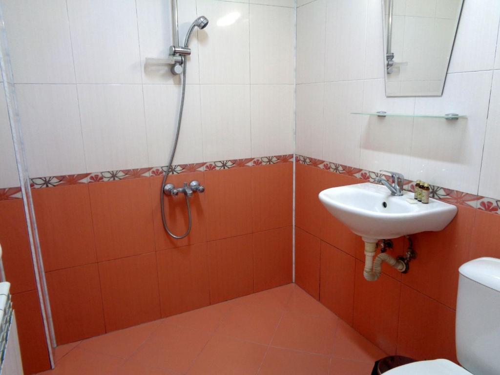 La salle de bains est pourvue d'une douche et d'un lavabo. dans l'établissement Deers, à Bansko