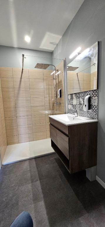 a bathroom with a sink and a shower at Le Clos Maldier - Gîte de la Belle vue in Laon