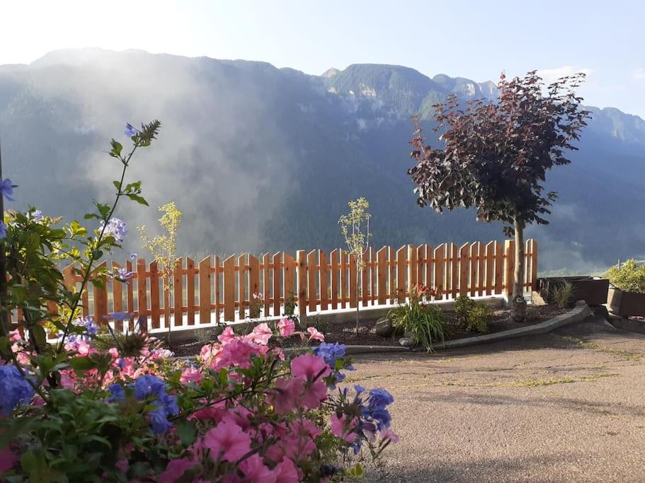 a wooden fence with flowers in front of a mountain at Agriturismo Mangiasa in Malè