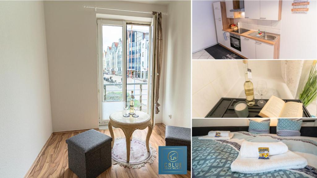 duas fotografias de um quarto com uma cama e uma janela em CBlue "Turmresidenz", zentral, familienfreundlich, Schatzsuche em Wismar