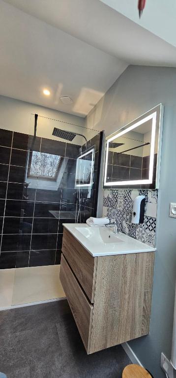 a bathroom with a sink and a shower at Le Clos Maldier - Gîte de la Belle vue in Laon