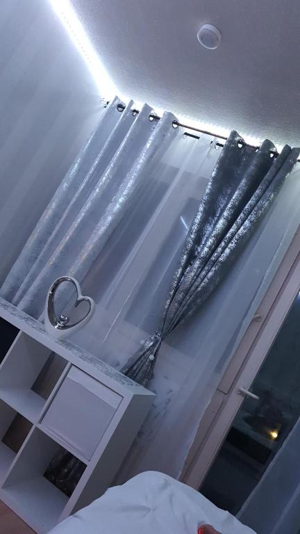a room with a bed and a shower curtain at Apartman in Königstädten