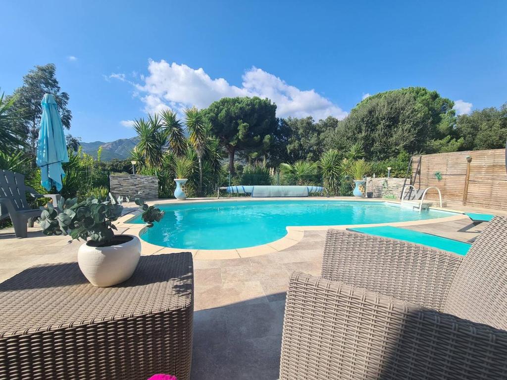 a swimming pool with two chairs and an umbrella at chambre d'hôte cosy in Carbuccia