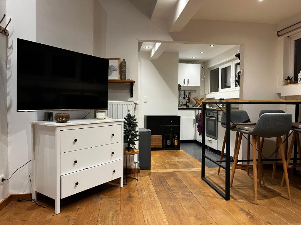una sala de estar con TV de pantalla plana en una cómoda en Studio cosy en Bruselas