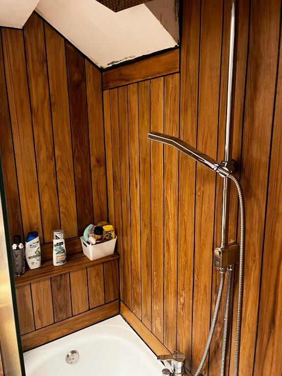 a bathroom with a shower in a wooden wall at Studio cosy in Brussels