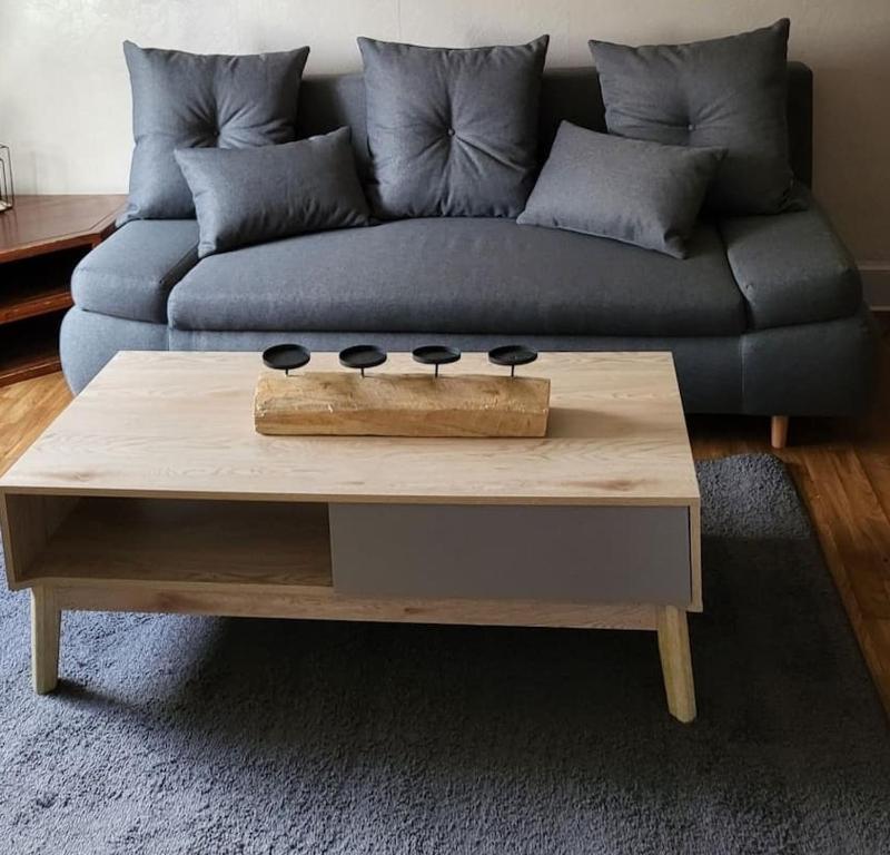 a living room with a couch and a coffee table at Maison de campagne avec jardin près du Périgord in Mansac