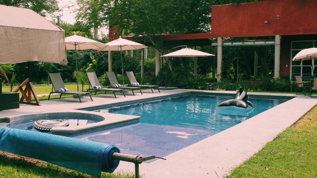 una piscina con un cisne en el agua en Quinta del Rocío Casa Tropical en Ticuman, en Ticumán