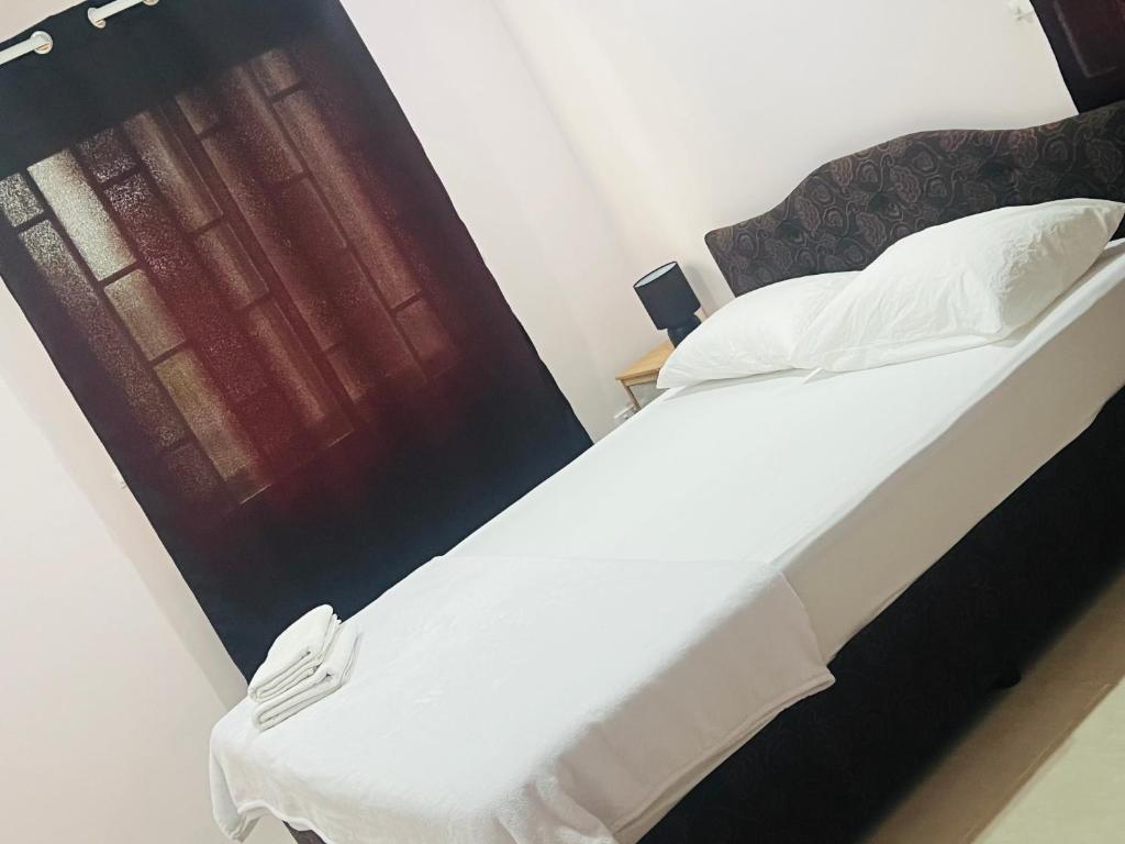 蘇瓦的住宿－Oxford Apartments Suva (2Bedrooms)，一间卧室配有一张带白色床单的床和一扇窗户。