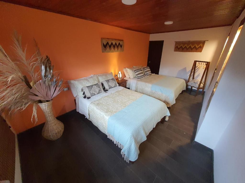 een slaapkamer met 2 bedden en een potplant bij Hospedaje rural - Finca la Aurora - Caqueza in Cáqueza