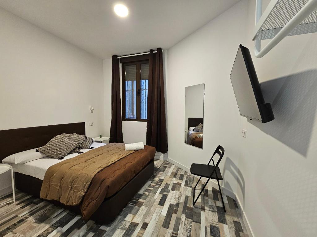 um quarto com uma cama e uma televisão de ecrã plano em HOSTAL ANDREA GRANVIA em Madri