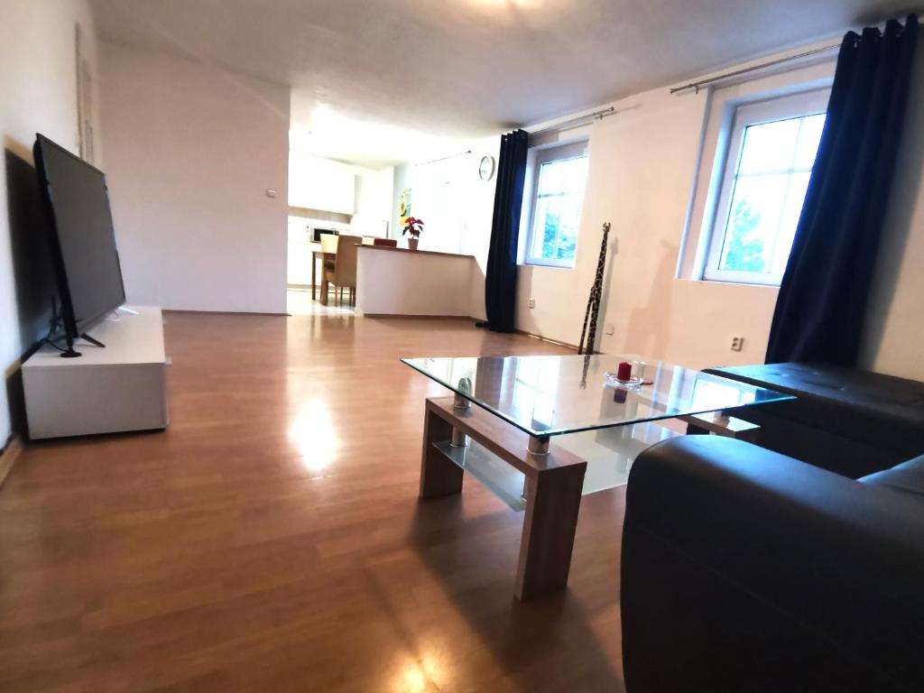 - un salon avec une table en verre et un canapé dans l'établissement Elements Apartments, à Ostrov