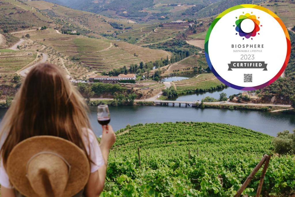 a woman holding a glass of wine in front of a river at Quinta do Tedo in Folgosa