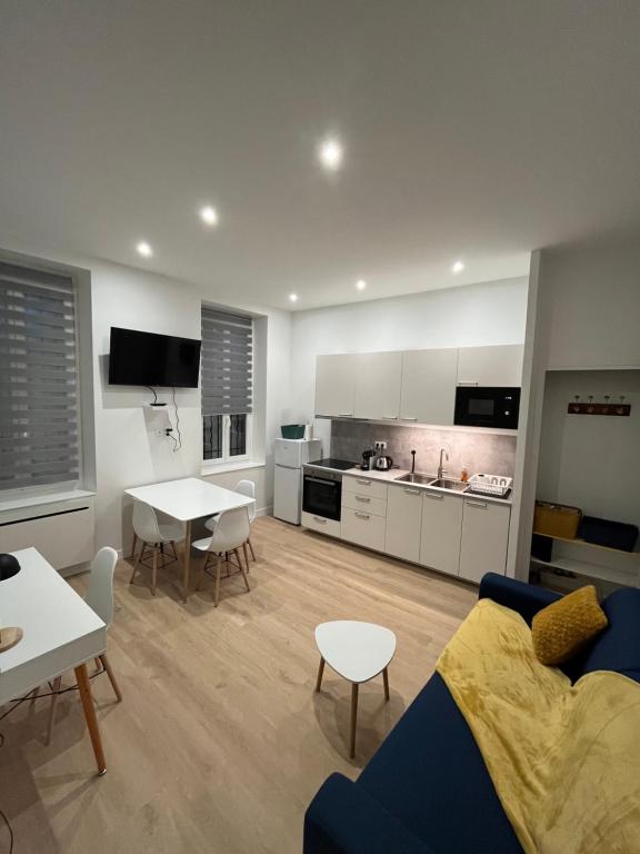 un salon avec un canapé bleu et une cuisine dans l'établissement Spacieux T2, tout NEUF! Confort au top!, à Toulouse