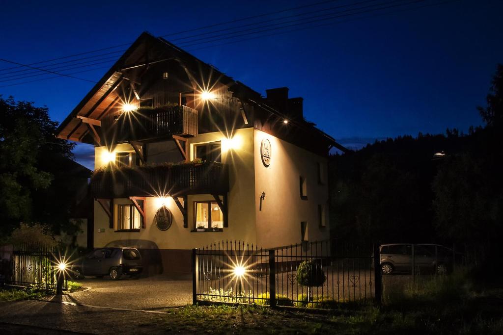 ヴィスワにあるWilla Górskie Retroの夜の灯りを持つ家